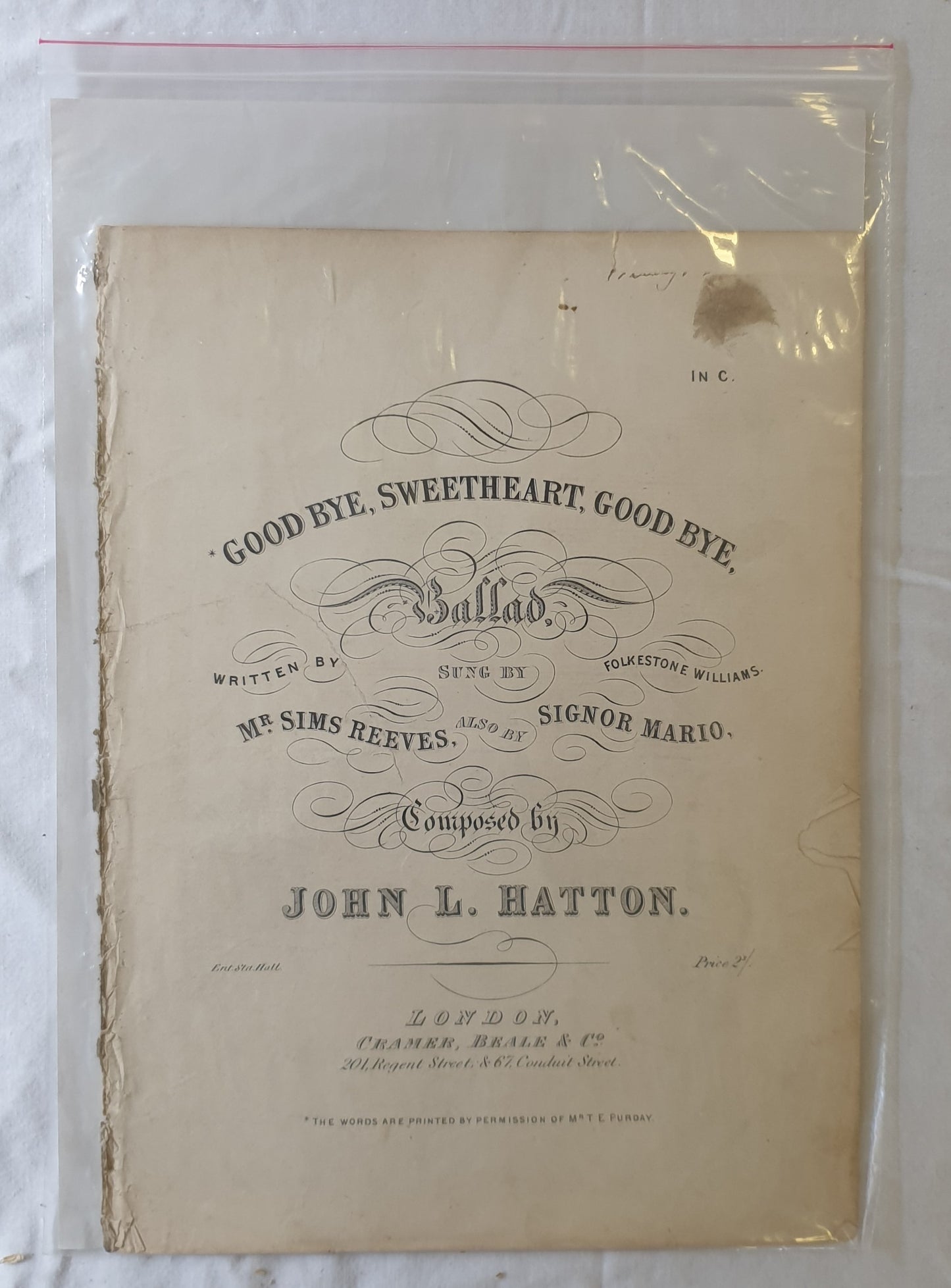 Good Bye, Sweetheart, Good Bye (In C) Composed by John L. Hatton