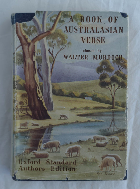 Vintage book cover for 'A Book of Australasian Verse' by Walter Murdoch, showing a painted landscape with trees, water, and sheep, with 'Oxford Standard Authors Edition' printed at the bottom.