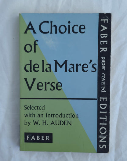 A paperback book titled 'A Choice of de la Mare's Verse' by Faber Paper covered Editions, featuring a light blue and sage green geometric cover design with a black spine band.