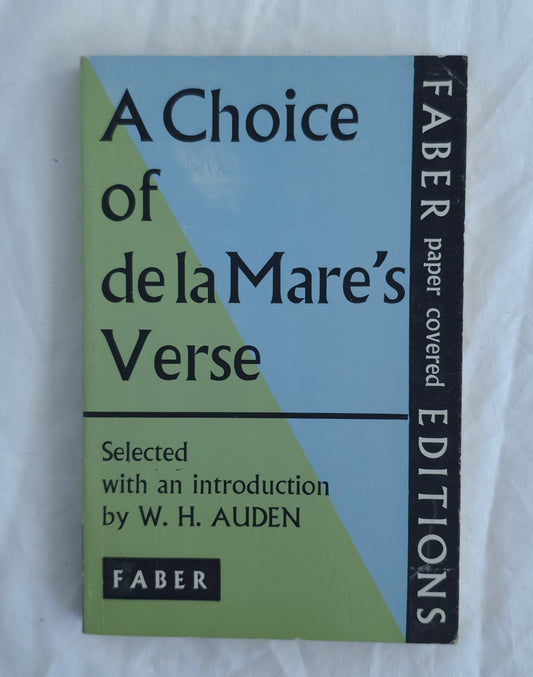 A paperback book titled 'A Choice of de la Mare's Verse' by Faber Paper covered Editions, featuring a light blue and sage green geometric cover design with a black spine band.