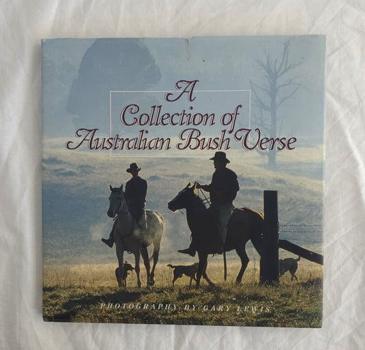 Book cover of 'A Collection of Australian Bush Verse' with two people on horseback and dogs in a pastoral scene.