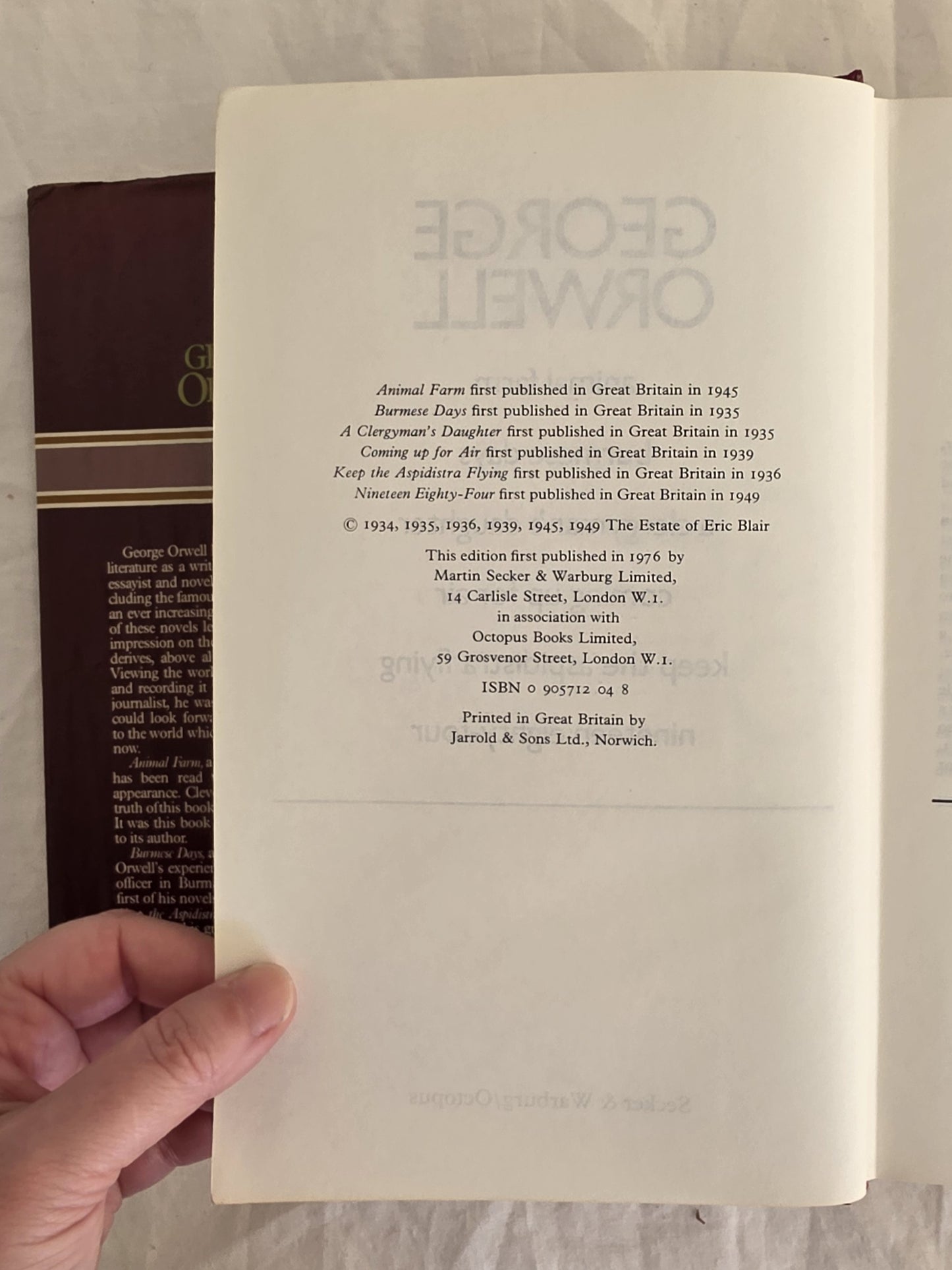 Animal Farm – Burmese Days – A Clergyman’s Daughter – Coming Up For Air – Keep the Aspidistra Flying – Nineteen Eighty-Four by George Orwell