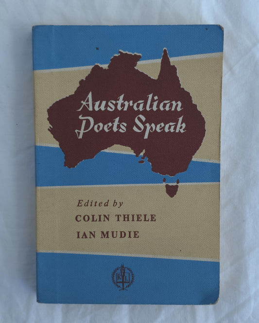 Book cover of 'Australian Poets Speak' with a map of Australia on a blue and beige background.