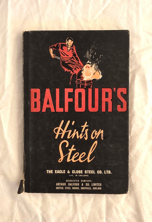 Book cover of 'Balfour's Hints on Steel' with a man working with steel on a black background.