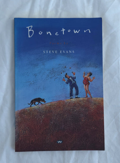 Book cover of 'Bonetown' by Steve Evans with a blue sky and two people on a hill.