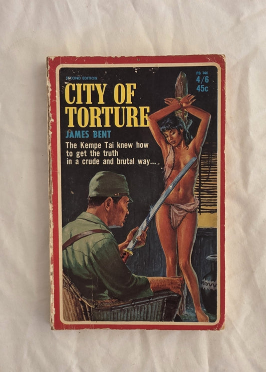 Vintage book cover of 'City of Torture' with a man holding a weapon and a woman in a straitjacket.