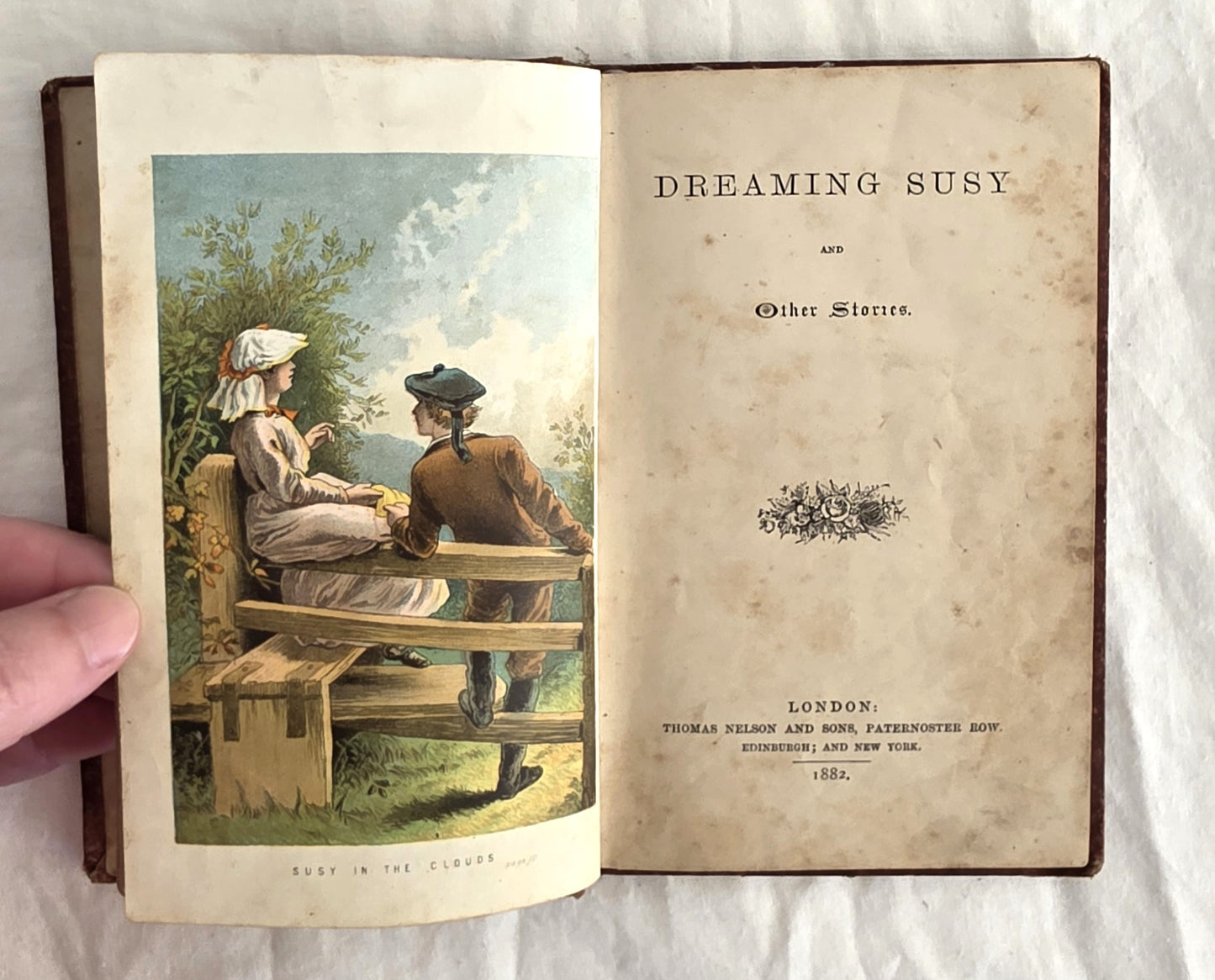 Open book titled 'Dreaming Susy and Other Stories' with a illustration on a white background