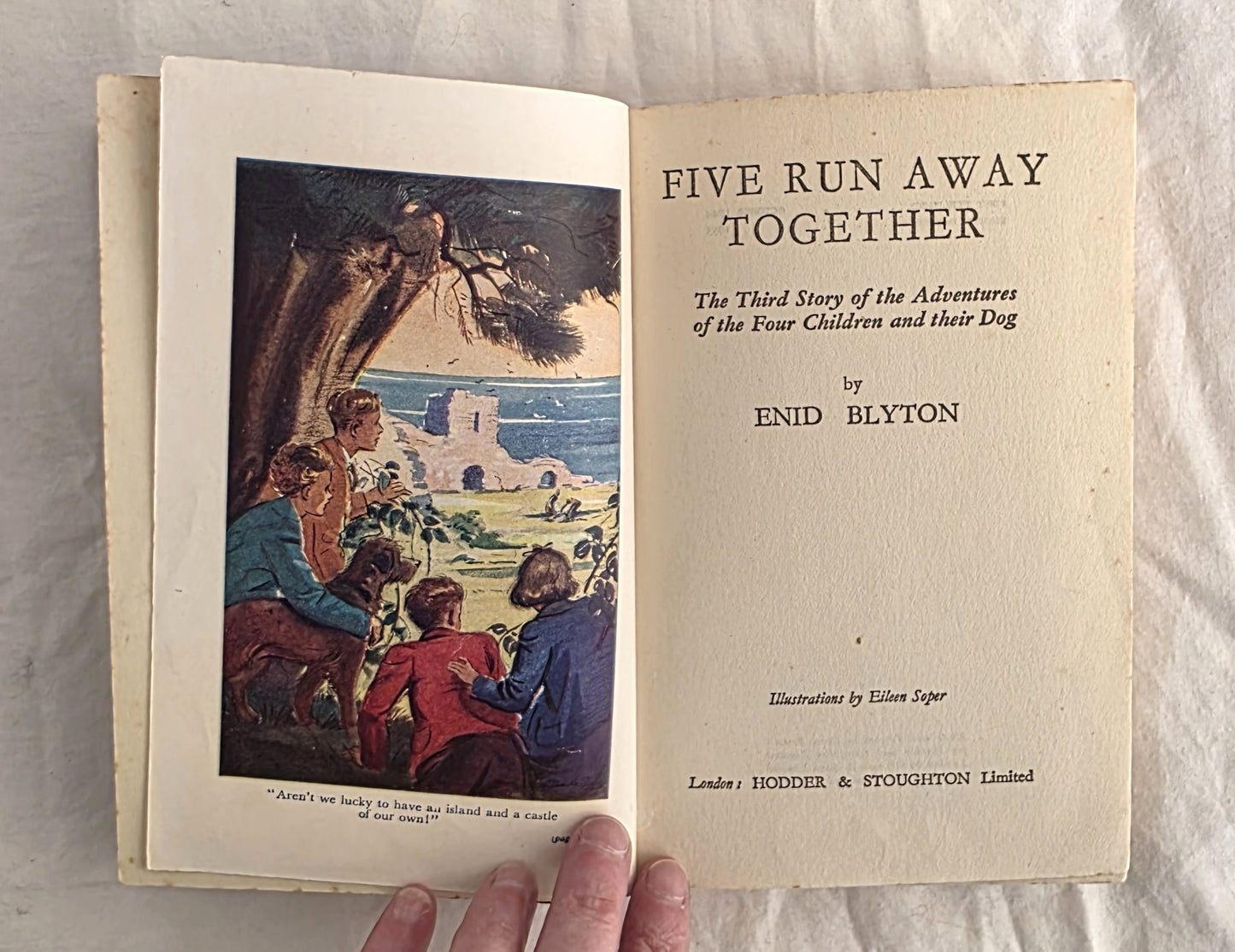 Book titled 'Five Run Away Together' by Enid Blyton with a cover illustration of children and a dog.