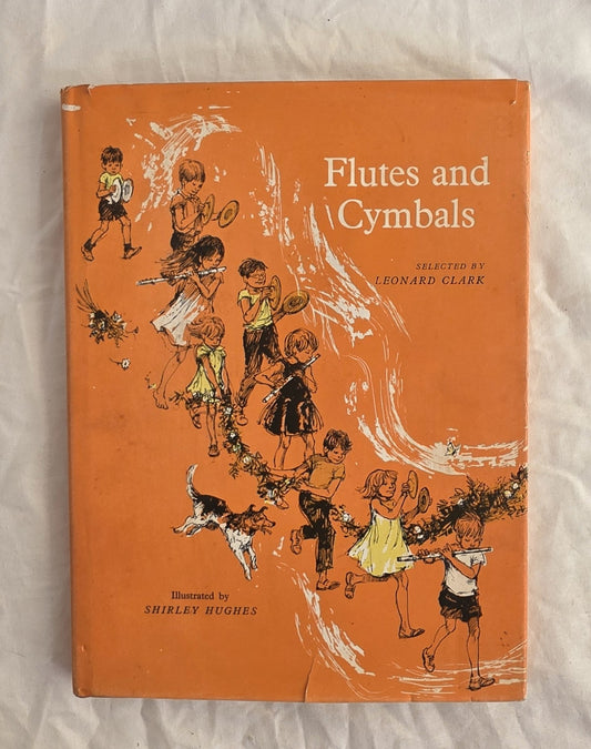 Book cover of 'Flutes and Cymbals' with illustrations of children playing on an orange background.