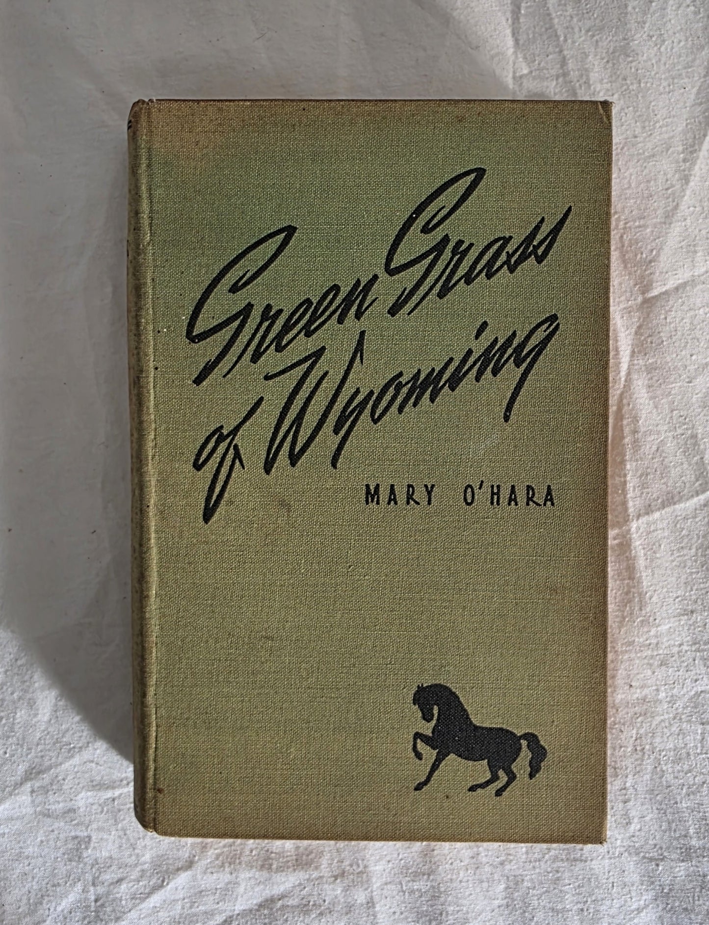 Book titled 'Green Grass of Wyoming' by Mary O'Hara with a horse illustration on a textured white background.