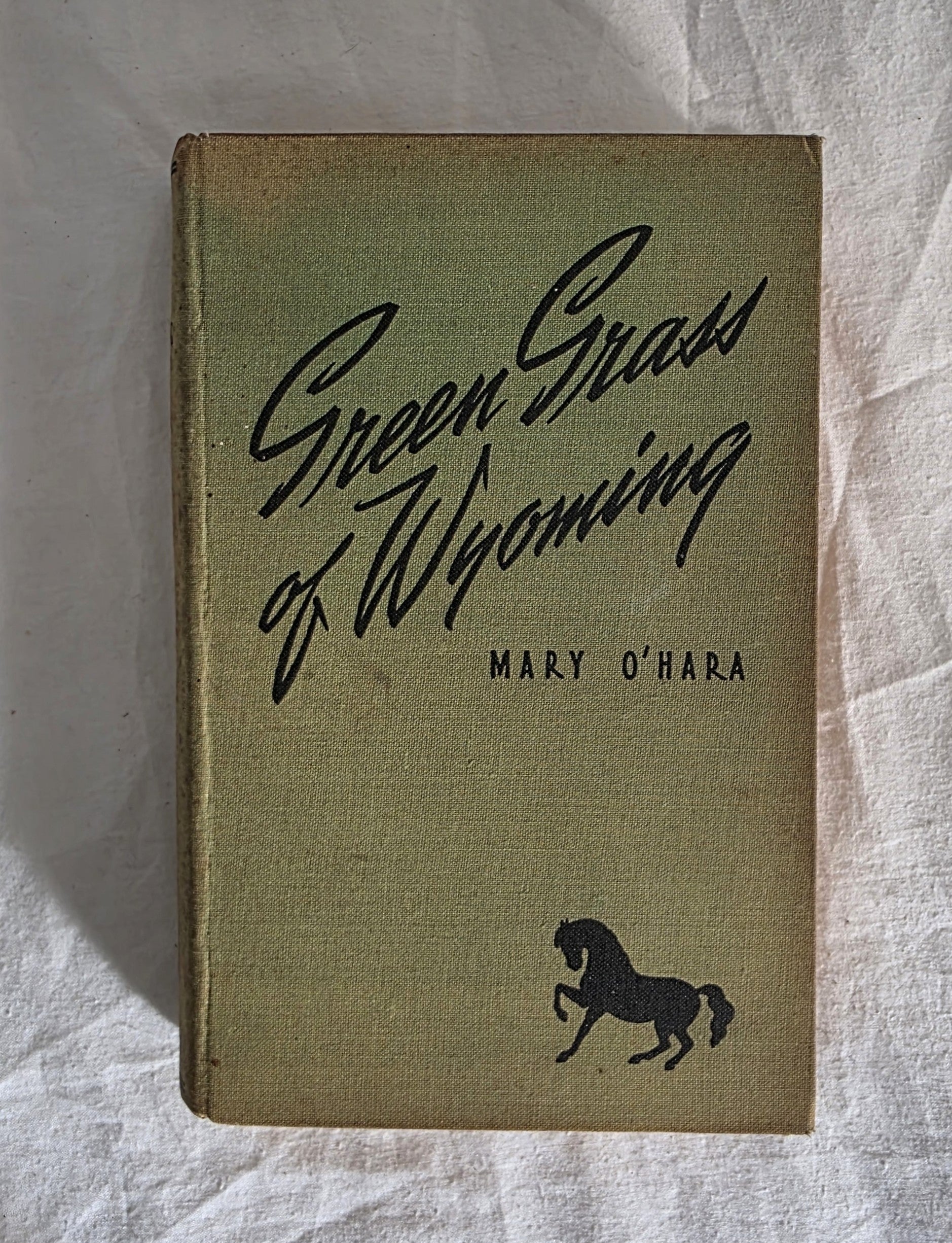 Book titled 'Green Grass of Wyoming' by Mary O'Hara with a horse illustration on a textured white background.