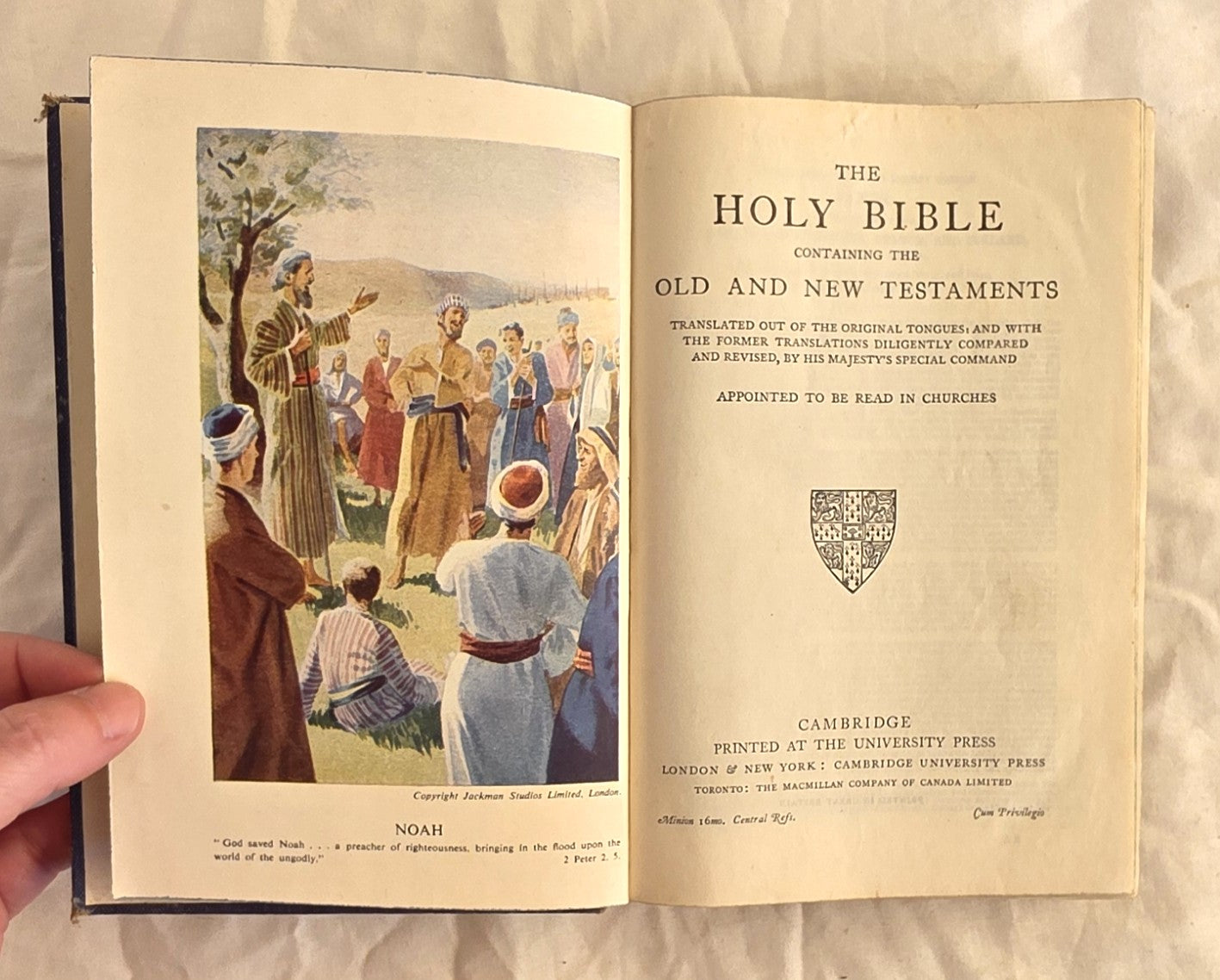 Open book showing a biblical scene with people and trees, held by a hand.