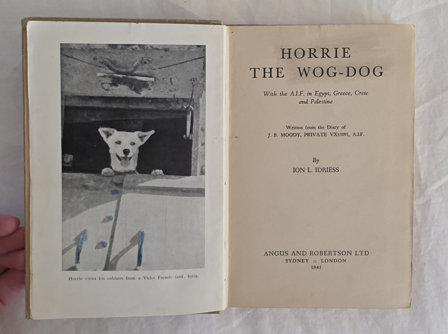 Open book titled 'Horrie the Wog-Dog' with a black and white photo of a dog on the left page.