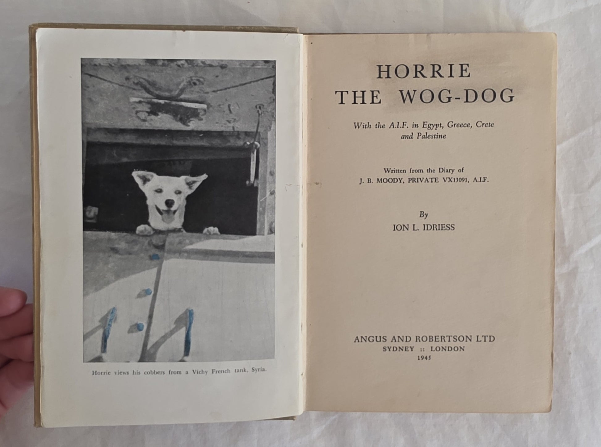 Open book titled 'Horrie the Wog-Dog' with a black and white photo of a dog on the left page.