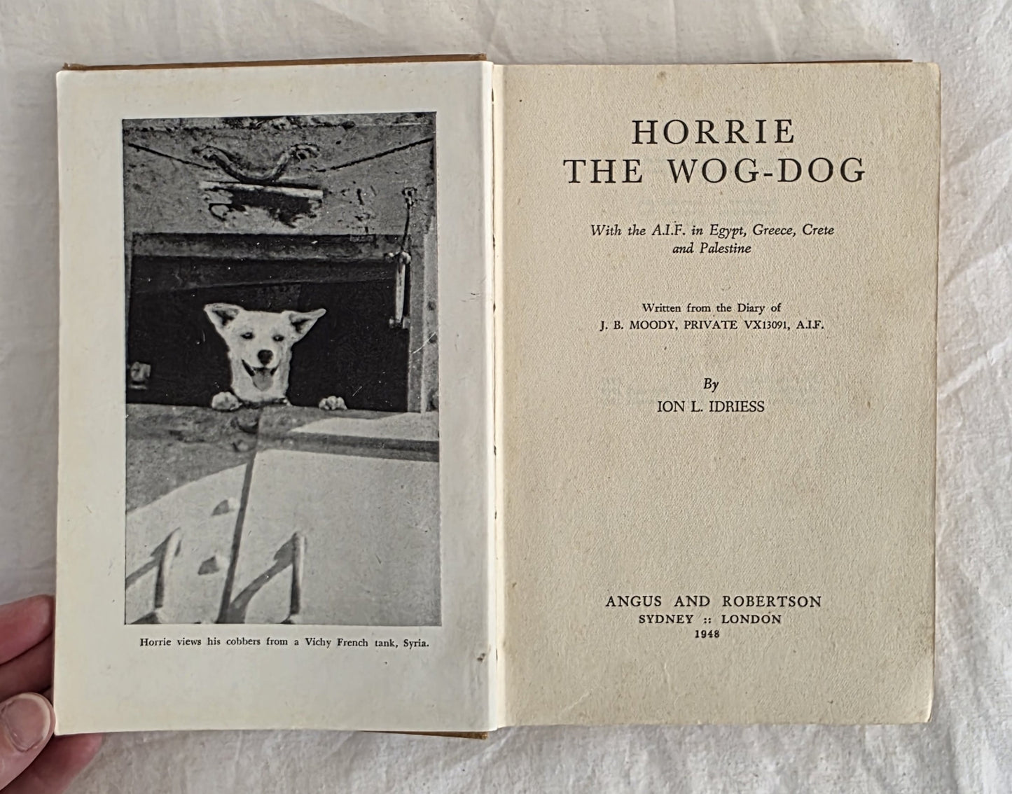 Open book titled 'Horrie the Wog-Dog' with a black and white photo of a dog inside a vehicle.