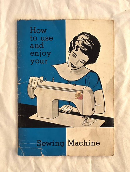 Booklet cover on a textured white background with illustration of a woman using a sewing machine.