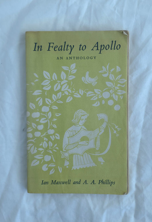 Book titled 'In Fealty to Apollo' with a green cover and white illustrations on a white background