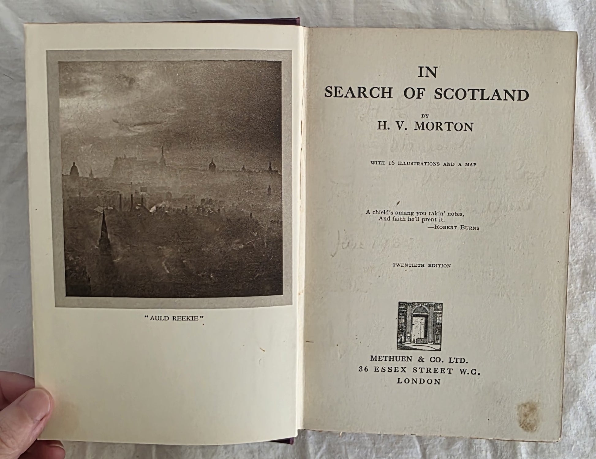 Open book titled 'In Search of Scotland' by H.V.