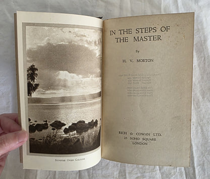 Open book titled 'In the Steps of the Master' by H.V. Morton with a black and white photograph on the left page.