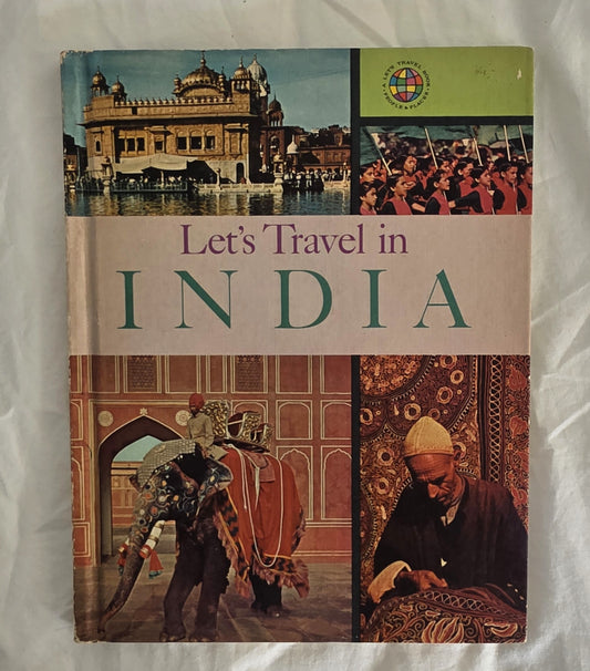 Book cover of 'Let's Travel in India' with images of a temple, people, and traditional decor.