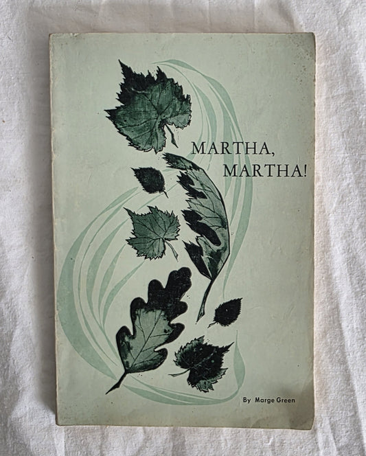Book cover with leaf designs and text 'Martha, Martha!' on a light background