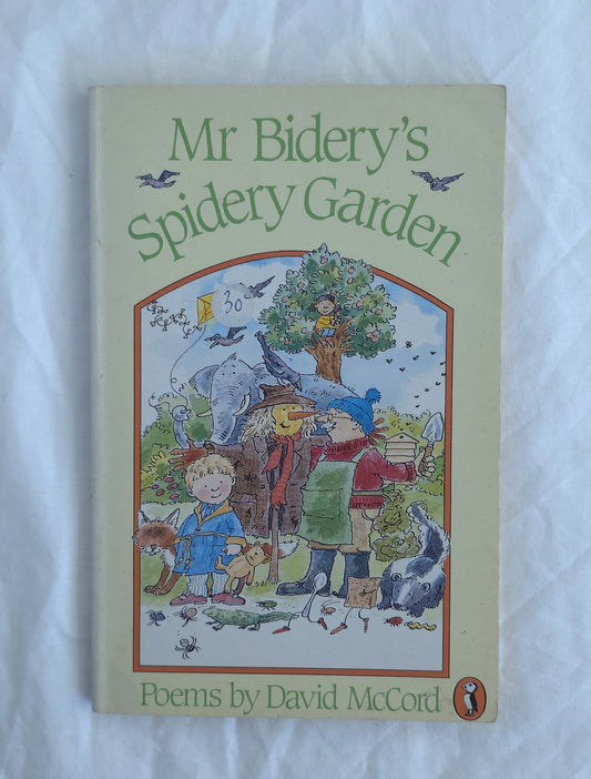 Book cover of 'Mr Bidery's Spidery Garden' with illustrations on a white background