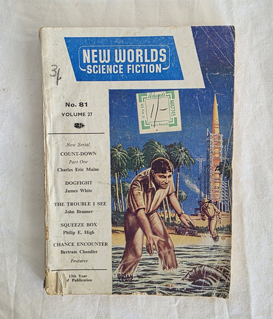 Vintage 'New Worlds Science Fiction' magazine cover with a man and rocket illustration on a textured background