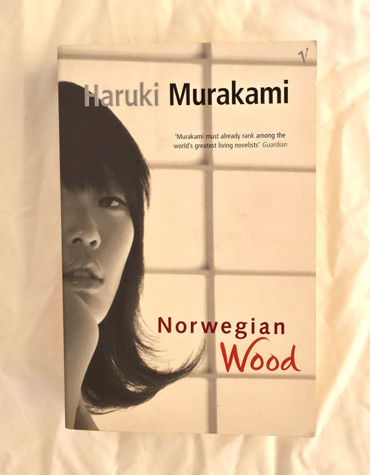 Book cover of 'Norwegian Wood' by Haruki Murakami with a woman's face and wooden panel design.