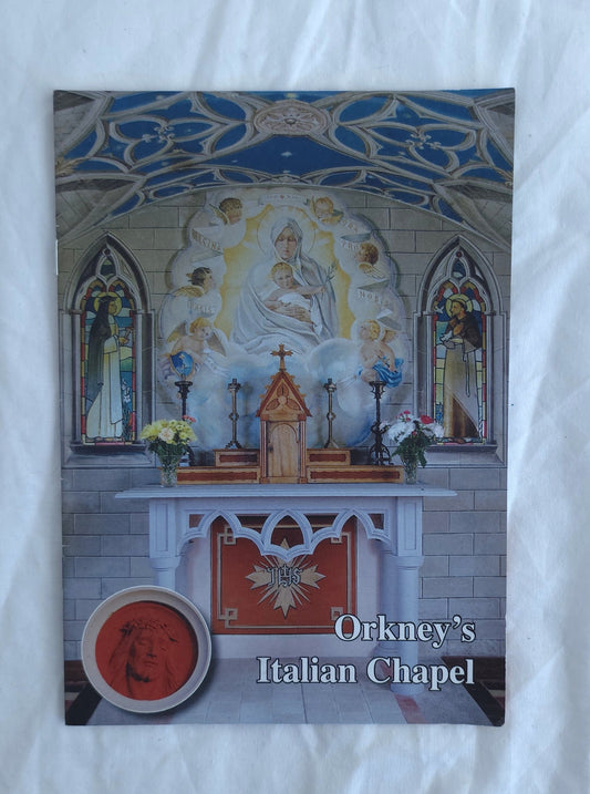 Card with an illustration of a chapel interior featuring religious figures and stained glass windows.