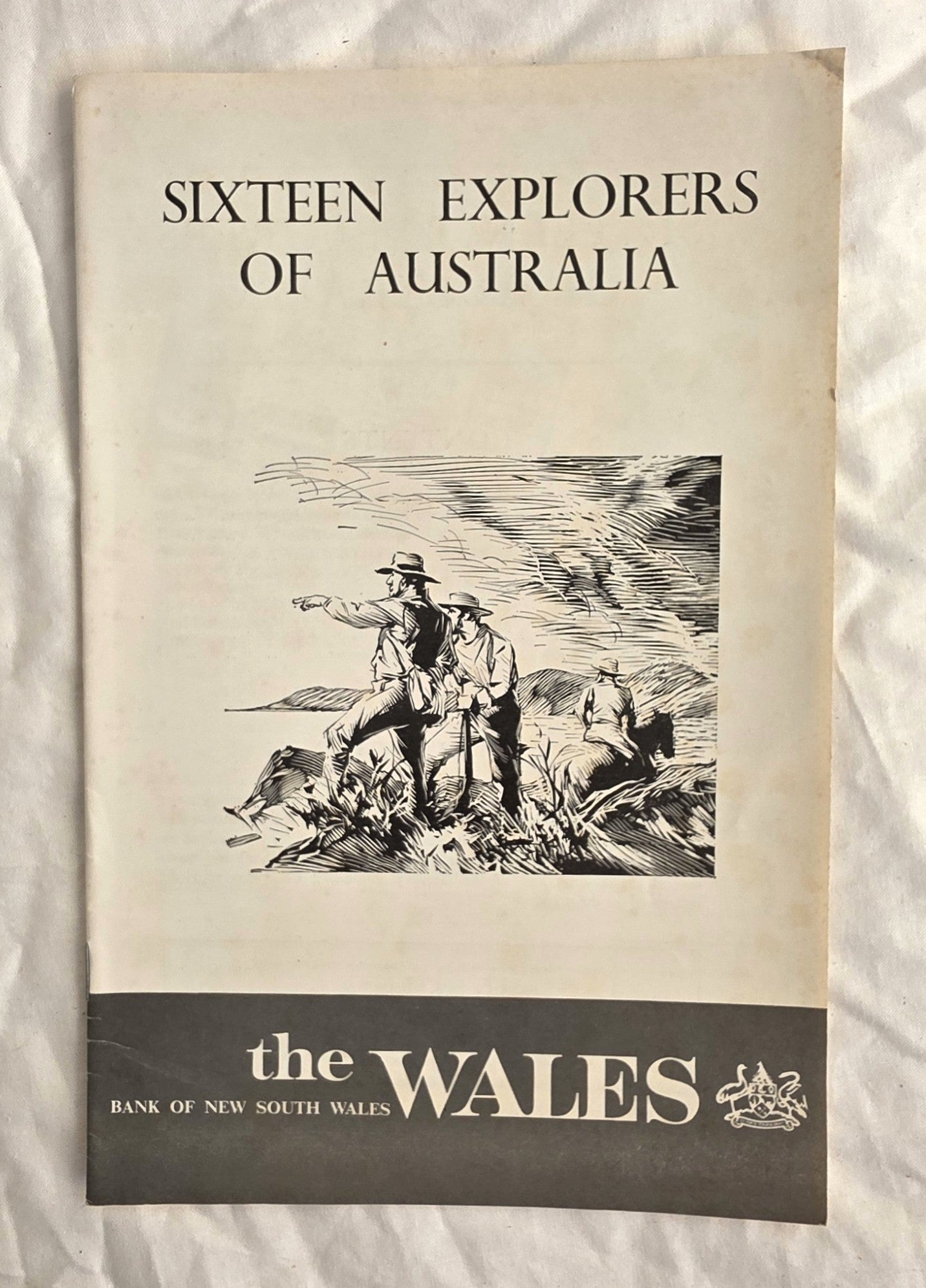 Booklet cover titled 'Sixteen Explorers of Australia' with a black and white illustration on a textured background.