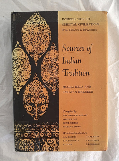 Book cover of 'Sources of Indian Tradition' with decorative elements on a textured white background