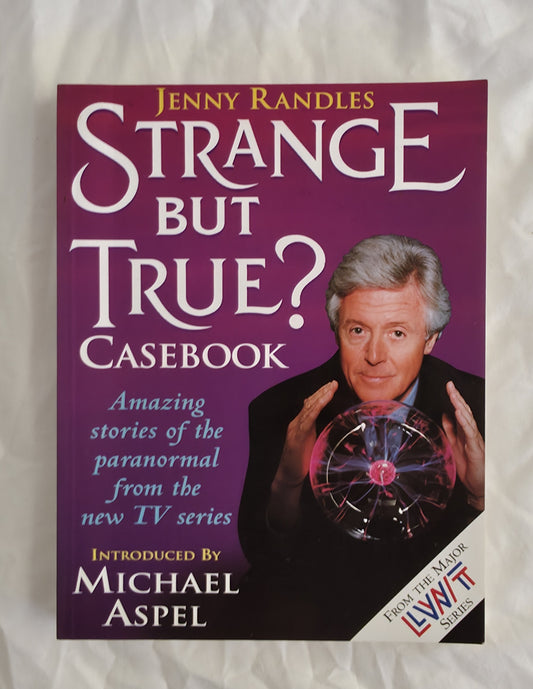 Book cover of 'Strange But True?' Casebook with a purple background and a man holding a crystal ball.