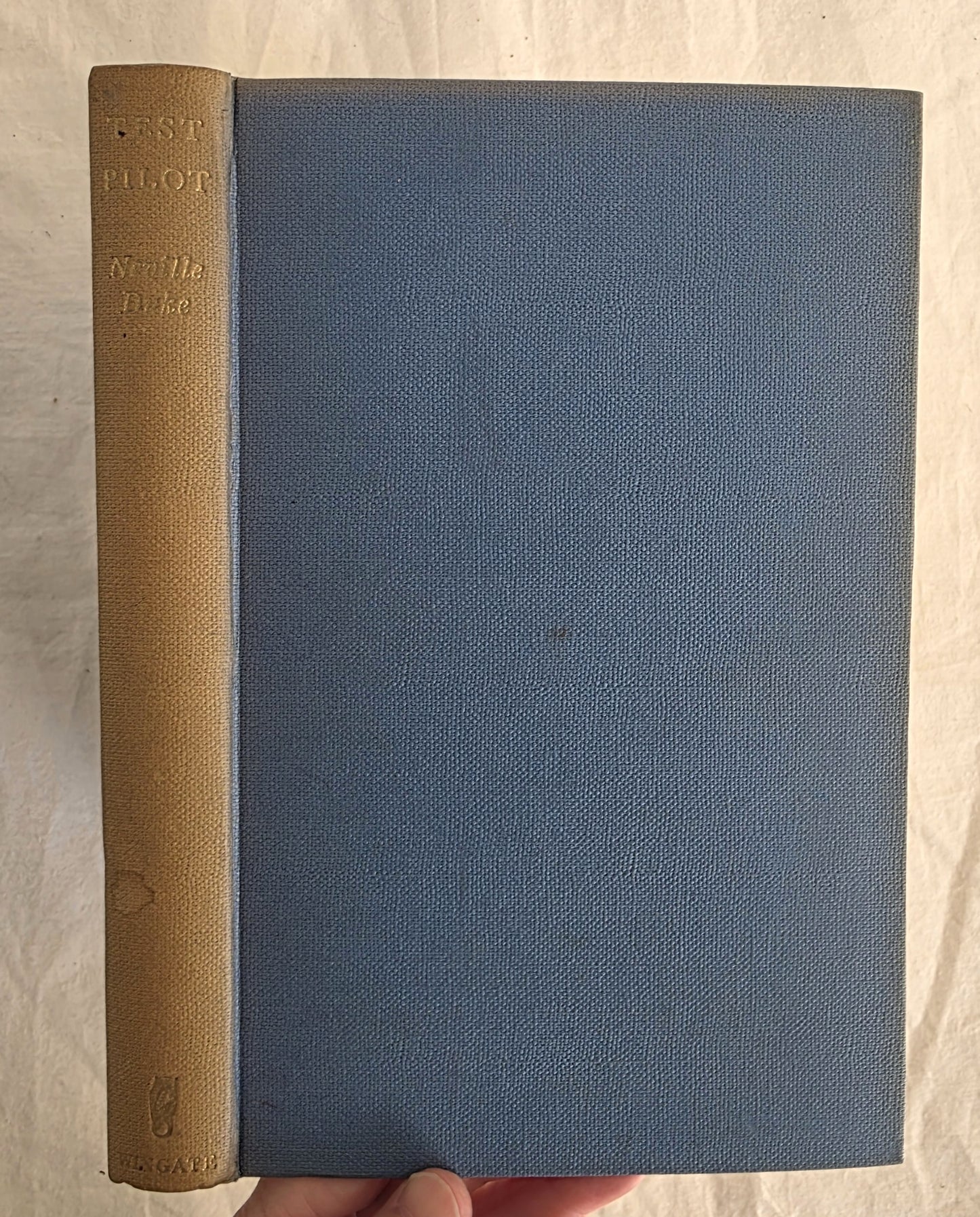Blue book with brown spine held by a hand on a light background