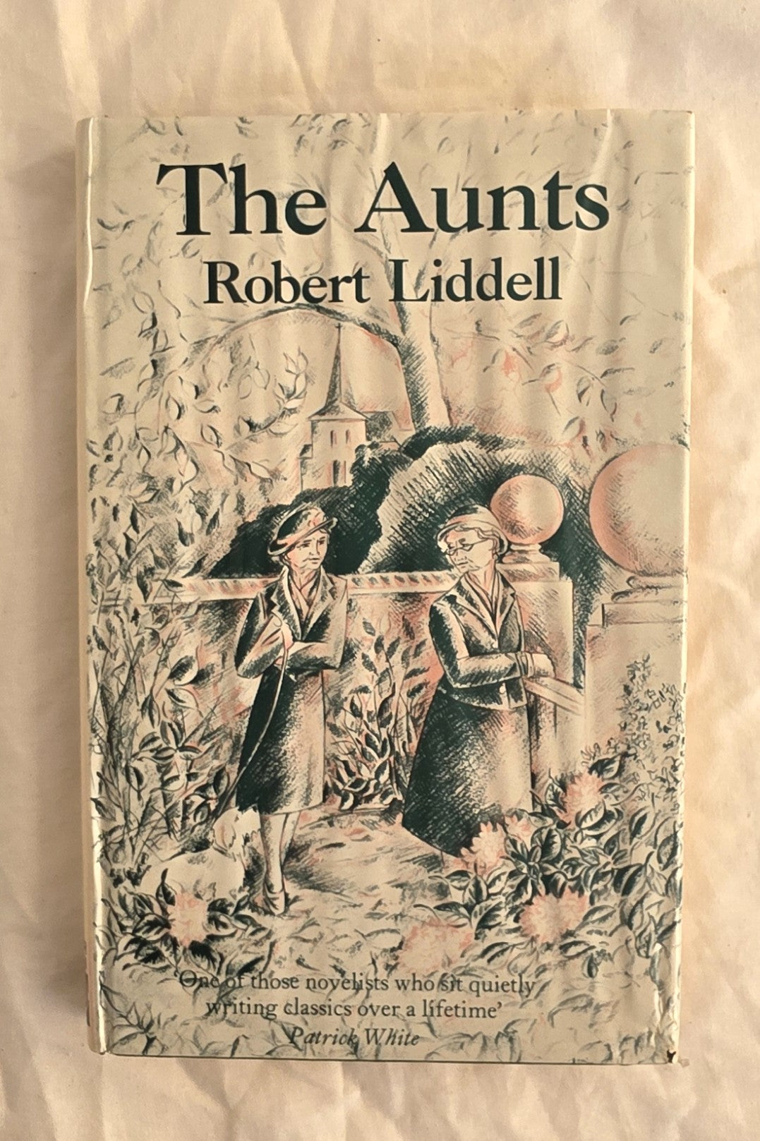Book cover of 'The Aunts' by Robert Liddell with illustration of two women and a dog.