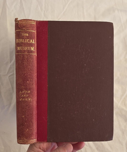 Vintage book titled 'The Biblical Museum' held by a hand against a textured white background