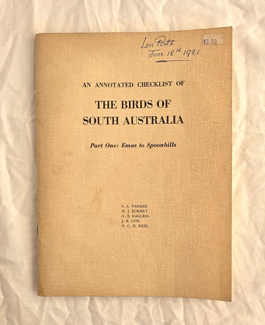 Book titled 'An Annotated Checklist of the Birds of South Australia' on a beige background