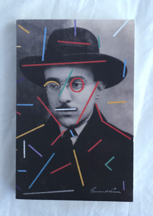 Book cover with a stylized portrait of a man wearing a hat and coat, with colorful geometric lines.