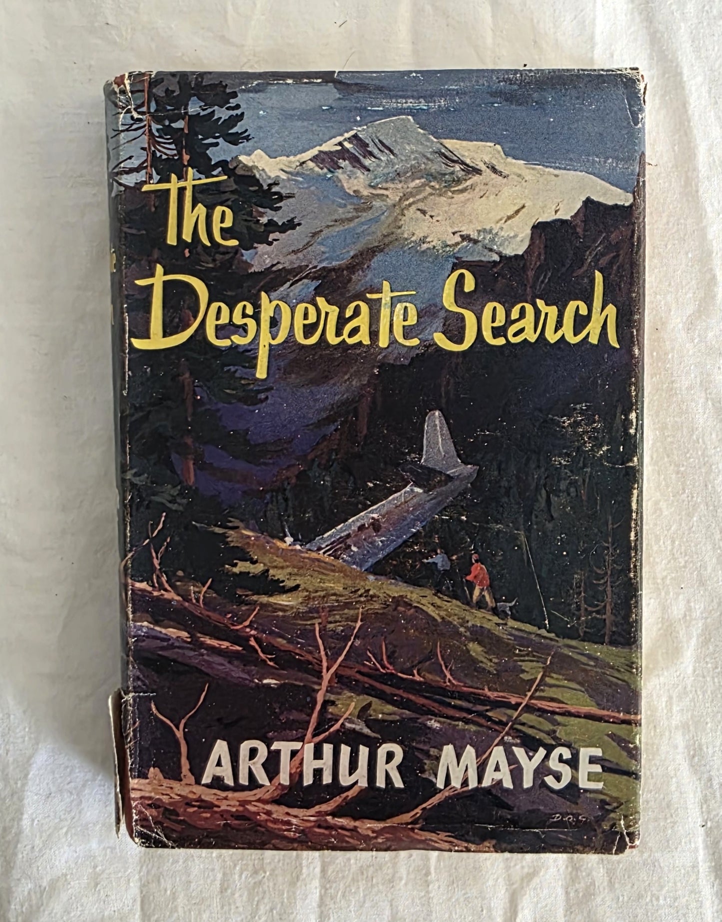 Book cover of 'The Desperate Search' by Arthur Mayse with a mountain and airplane illustration.