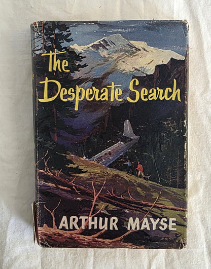 Book cover of 'The Desperate Search' by Arthur Mayse with a mountain and airplane illustration.