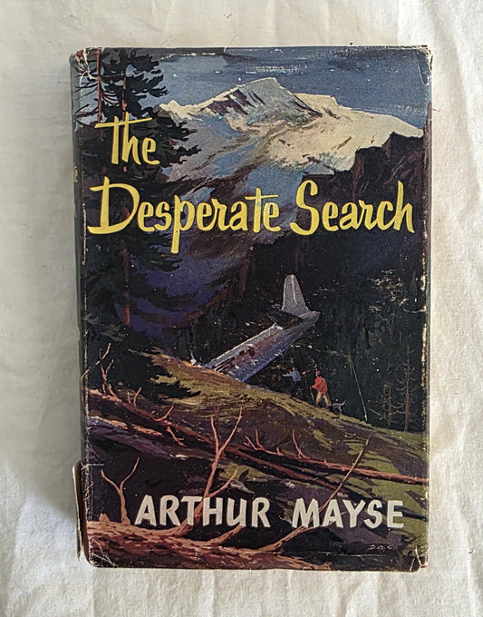 Book cover of 'The Desperate Search' by Arthur Mayse with a mountain and airplane illustration.