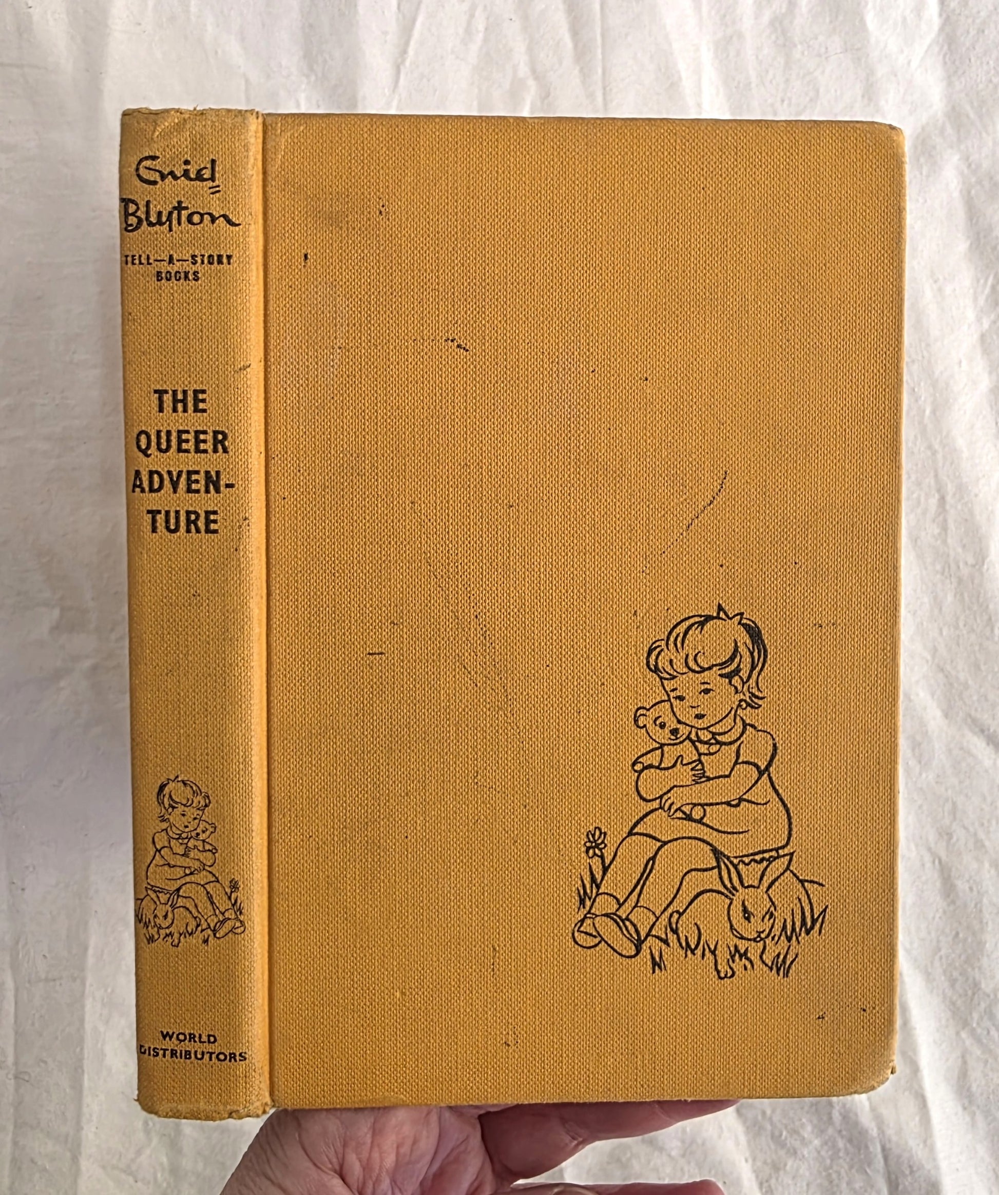 Vintage book titled 'The Queer Adventure' with illustrations on a textured white background