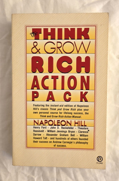 Book cover of 'Think & Grow Rich Action Pack' by Napoleon Hill on a textured beige background