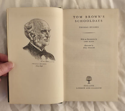 Open book titled 'Tom Brown's Schooldays' with a portrait illustration on a light background