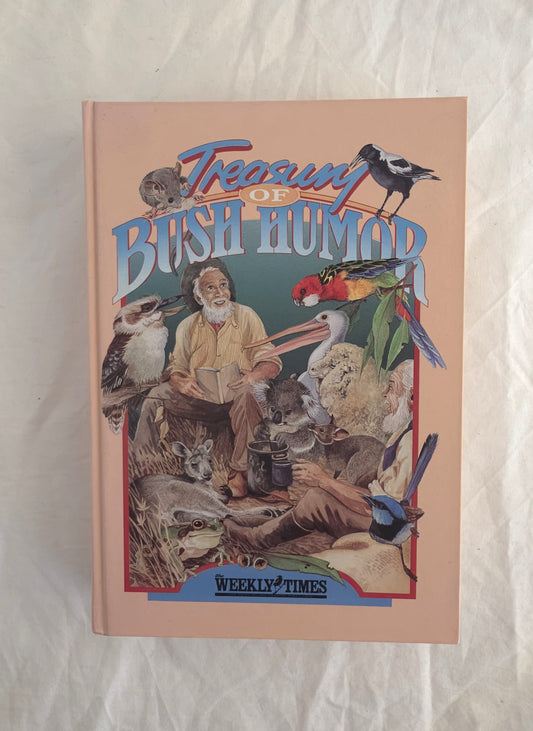 Book titled 'Treasury of Bush Humor' with illustrations on a textured surface