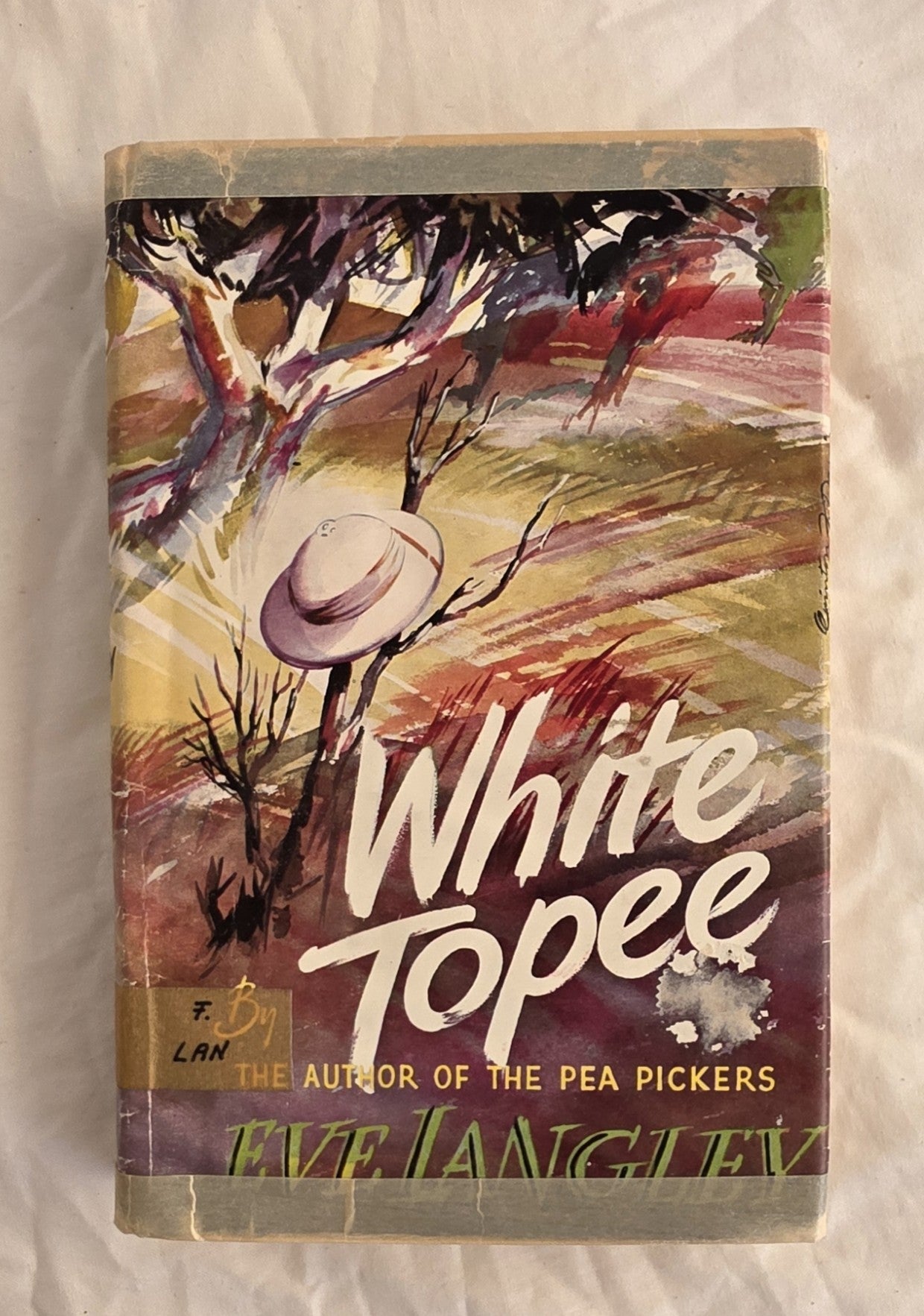 Book cover of 'White Topee' with a stylized landscape and hat illustration.