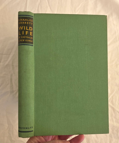 Green book titled 'Wild Life in Australia and New Guinea' held by a hand on a light background