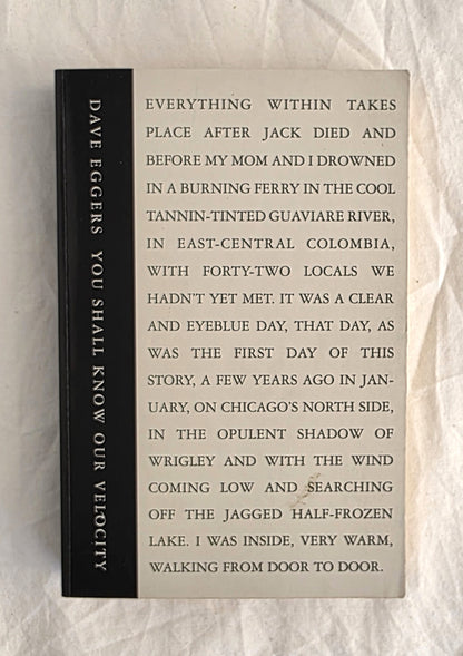Book titled 'You Shall Know Our Velocity' by Dave Eggers on a textured surface