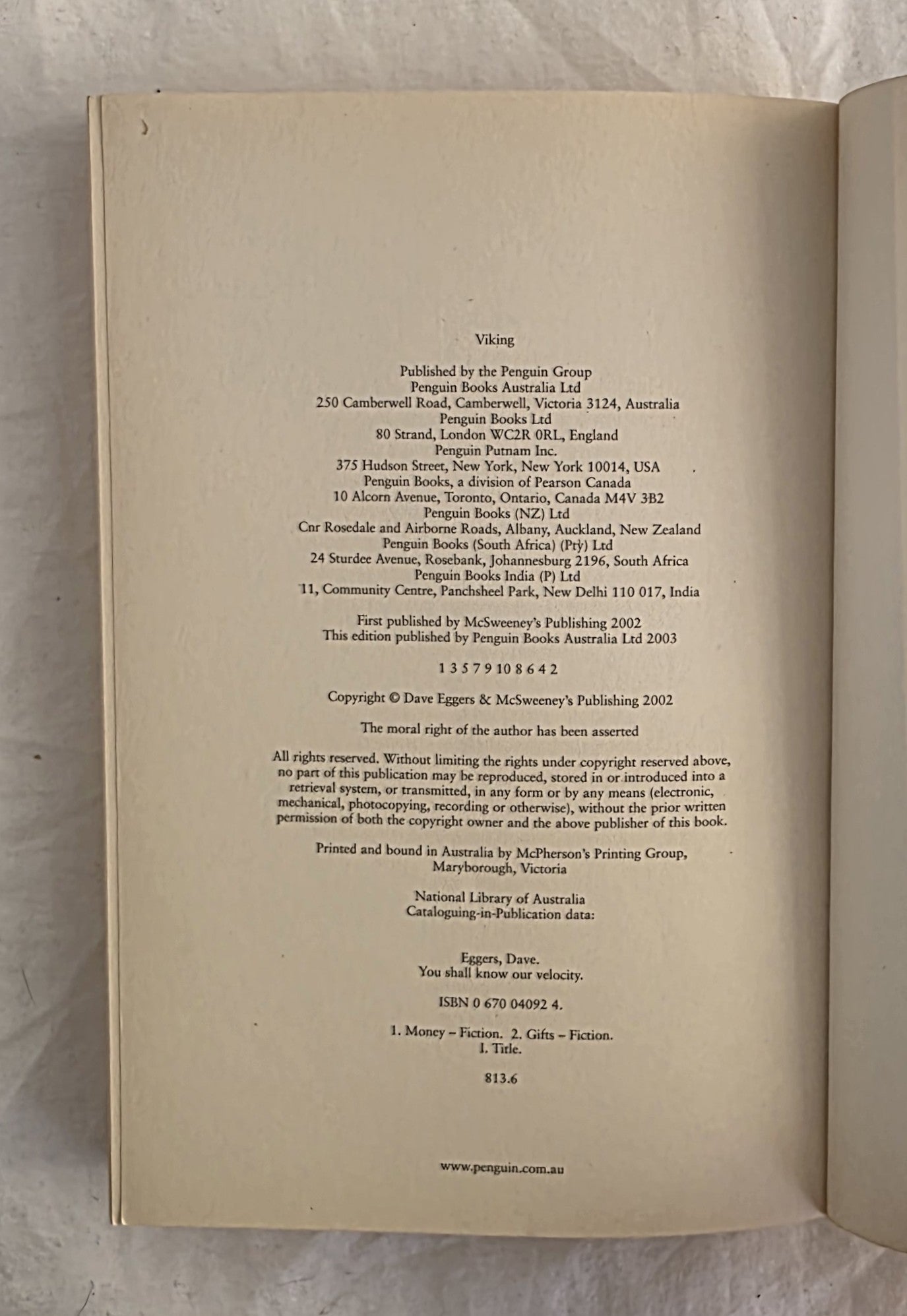 You Shall Know Our Velocity by Dave Eggers (c format)