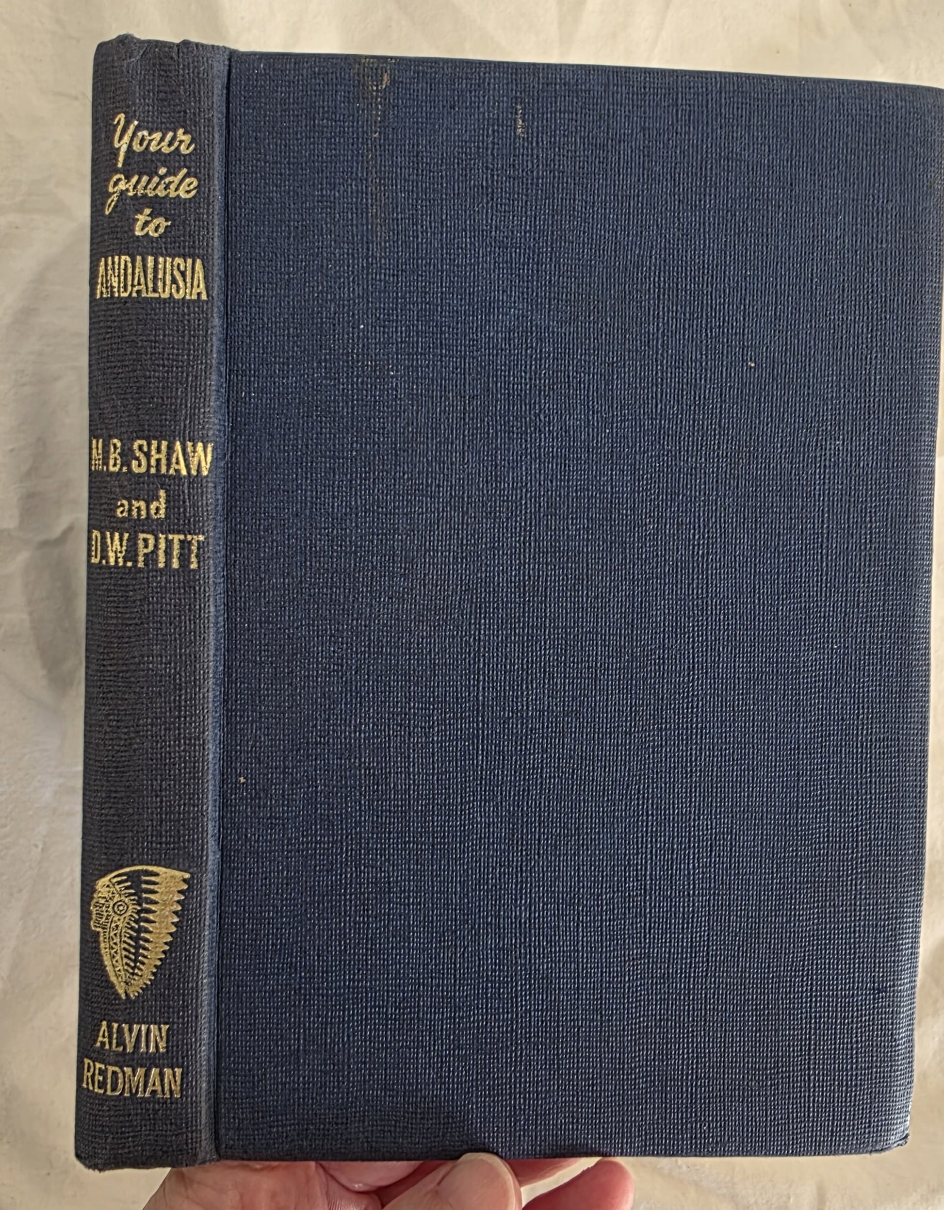 Blue book with gold text and a logo held by a hand on a beige background