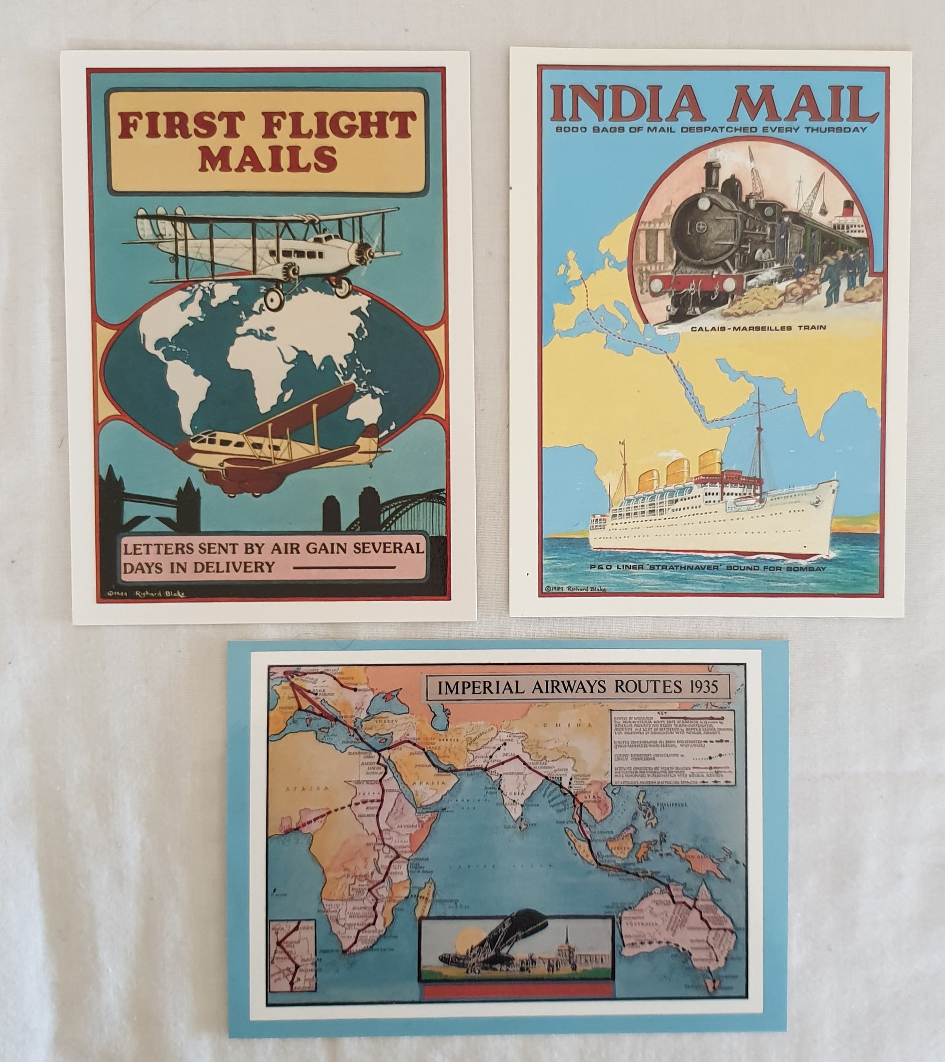 Richard Blake Postcards; PH221 India Mail; PH218 First Flight Mails;  PH245 Imperial Airways Routes 1935
